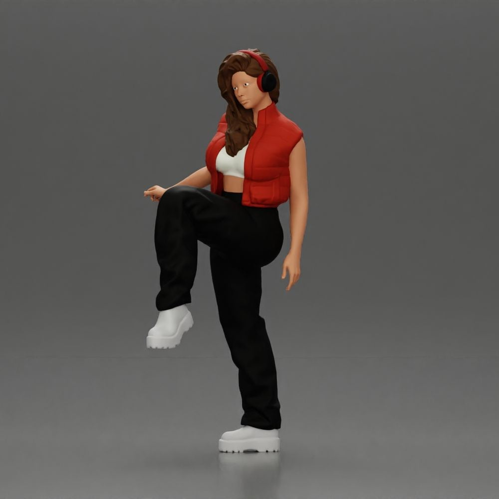 Foto de producto de maqueta para diorama 0: Figura de pie: mujer con auriculares y amplio atuendo streetwear, pierna levantada (a164)