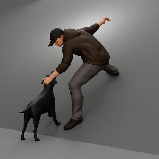 Foto de producto de maqueta de diorama 0: Figura de diorama: Hombre saltando con sudadera con capucha rescata a un perro (a200)