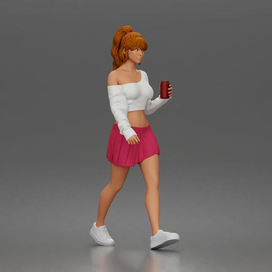 Foto de producto de maqueta para diorama 0: Figura caminando: deportista/mujer joven con vaso de bebida y ropa informal (a213)