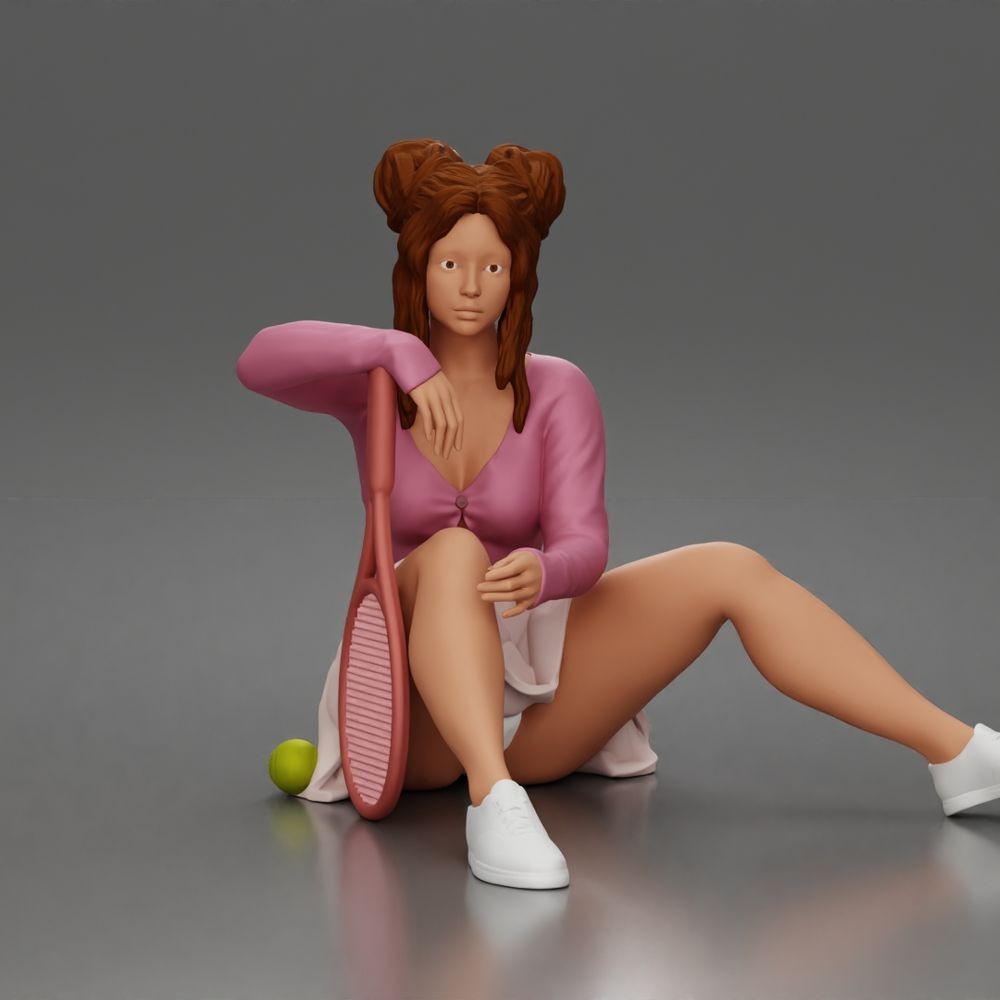 Diorama Modellbau Produktfoto 0: Sitzende Figur: Tennisspielerin mit Sportrock, Pullover & Tennisschläger (a212)