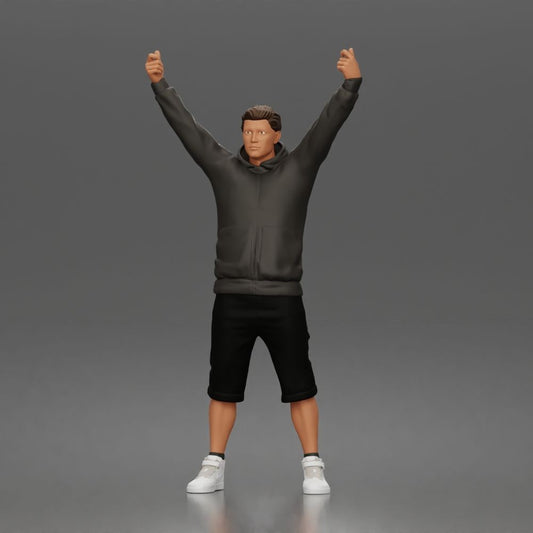 Foto de producto de maqueta para diorama 0: Figura de pie: manifestante con pancarta, sudadera con capucha, pantalones cortos y zapatillas deportivas (a179)
