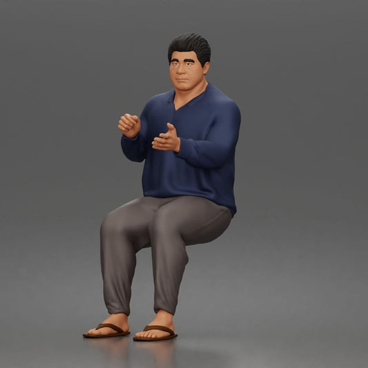 Diorama Modellbau Produktfoto 0: Sitzende Figur: Gestikulierender Mann mit Pullover, Hose & Flip-Flops (a165)