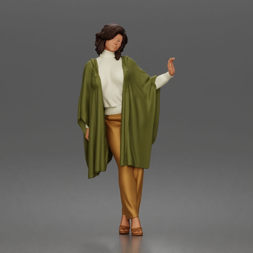 Foto de producto de maqueta para diorama 0: Figura de pie: mujer con la mano levantada, capa fluida y zapatos de plataforma (a174)