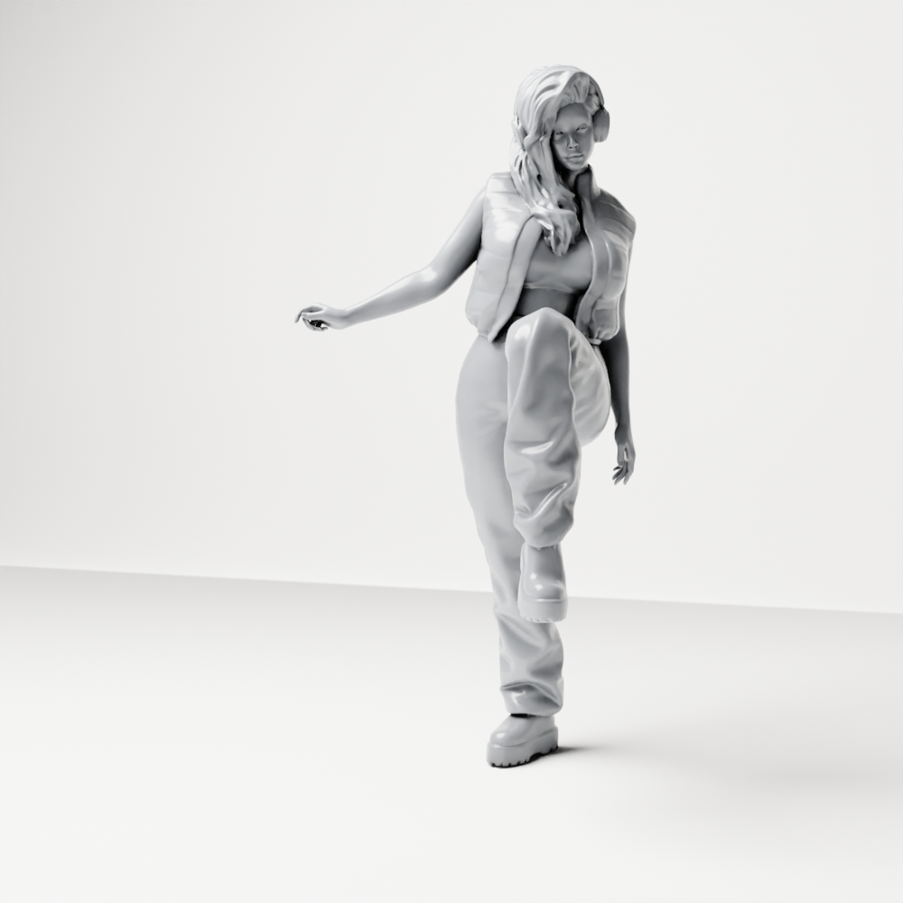 Foto de producto de maqueta para diorama 1: Figura de pie: mujer con auriculares y conjunto streetwear holgado, pierna levantada (a164)