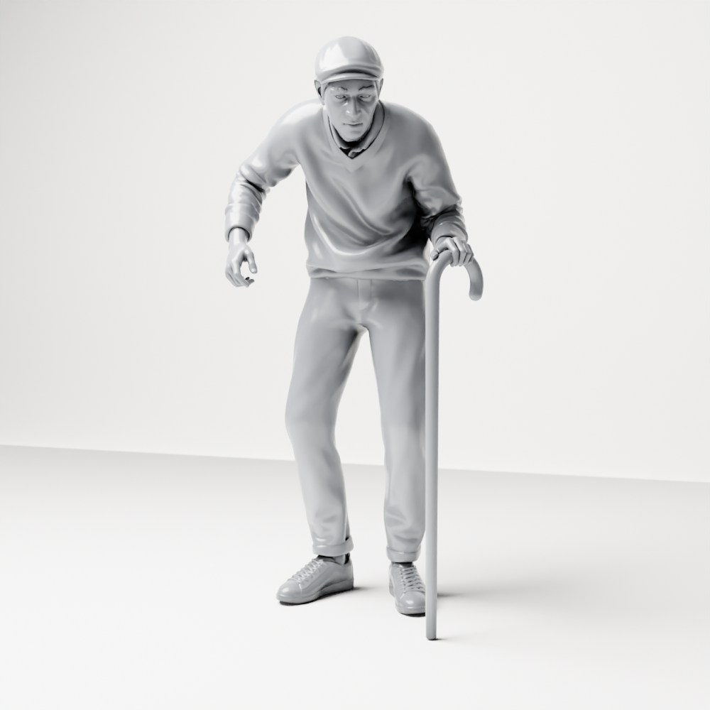 Diorama Modellbau Produktfoto 1: Stehende Figur: Älterer Mann mit Gehstock & Pullover (a168)