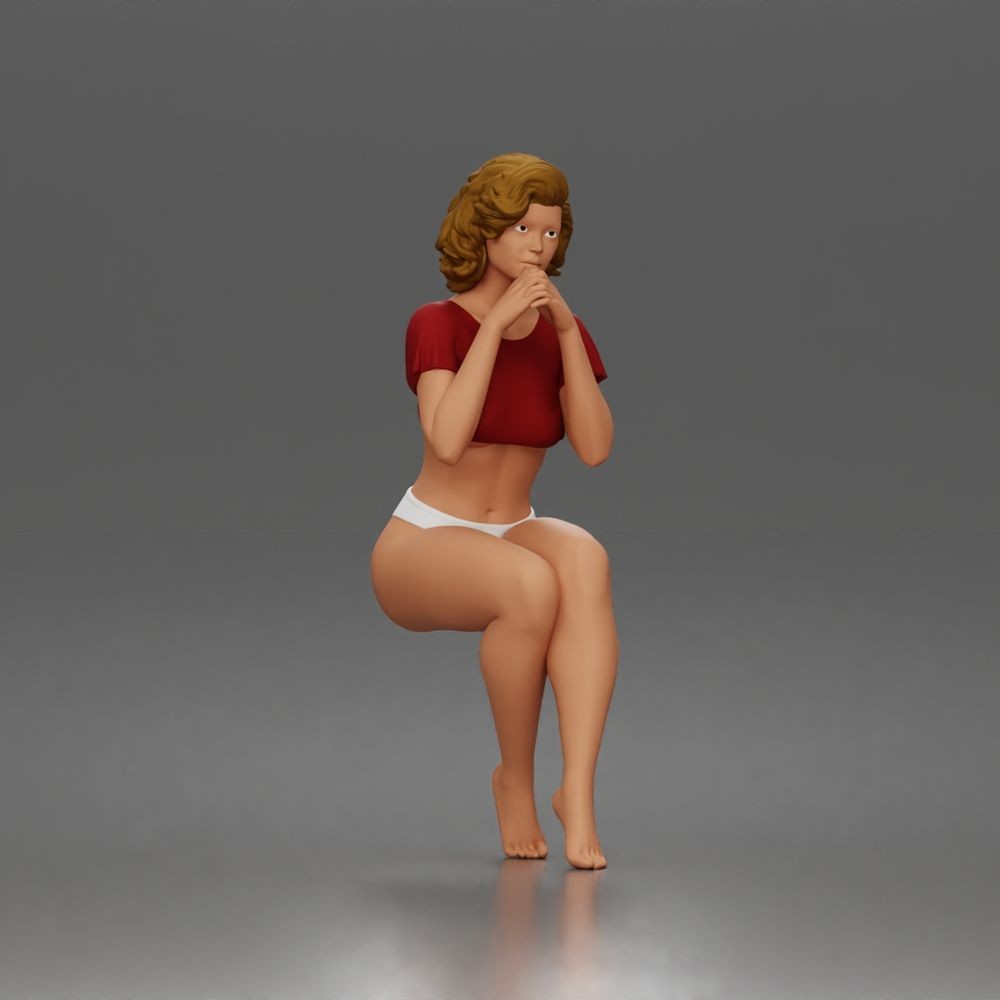 Diorama Modellbau Produktfoto 1: Sitzende Figur: Frau im Crop-Top mit gefalteten Händen am Kinn (a195)