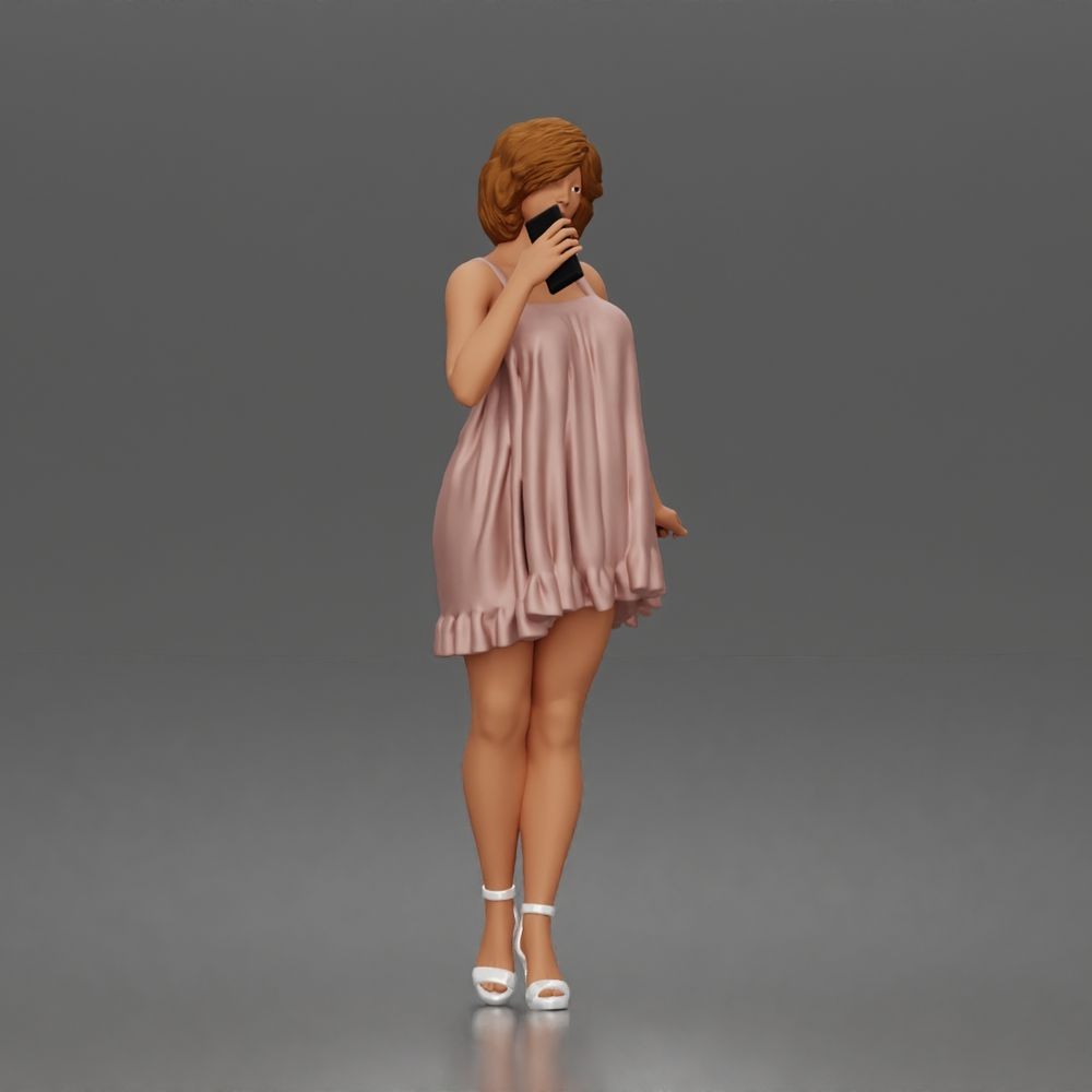 Foto de producto de maqueta para diorama 1: Figura de pie: mujer con vestido corto, teléfono móvil y zapatos de tacón (a180)