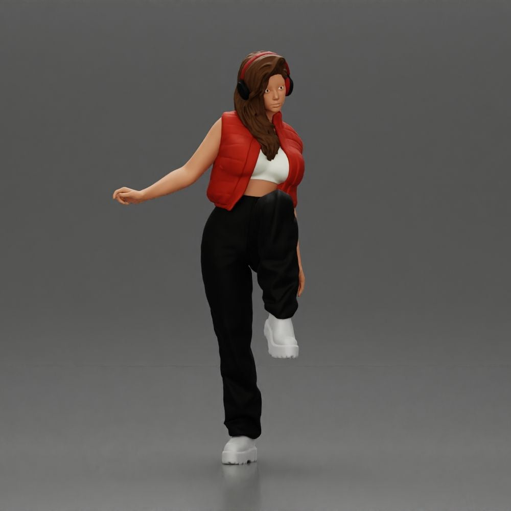 Foto de producto de modelismo para diorama 2: Figura de pie: mujer con auriculares y conjunto streetwear holgado, pierna levantada (a164)