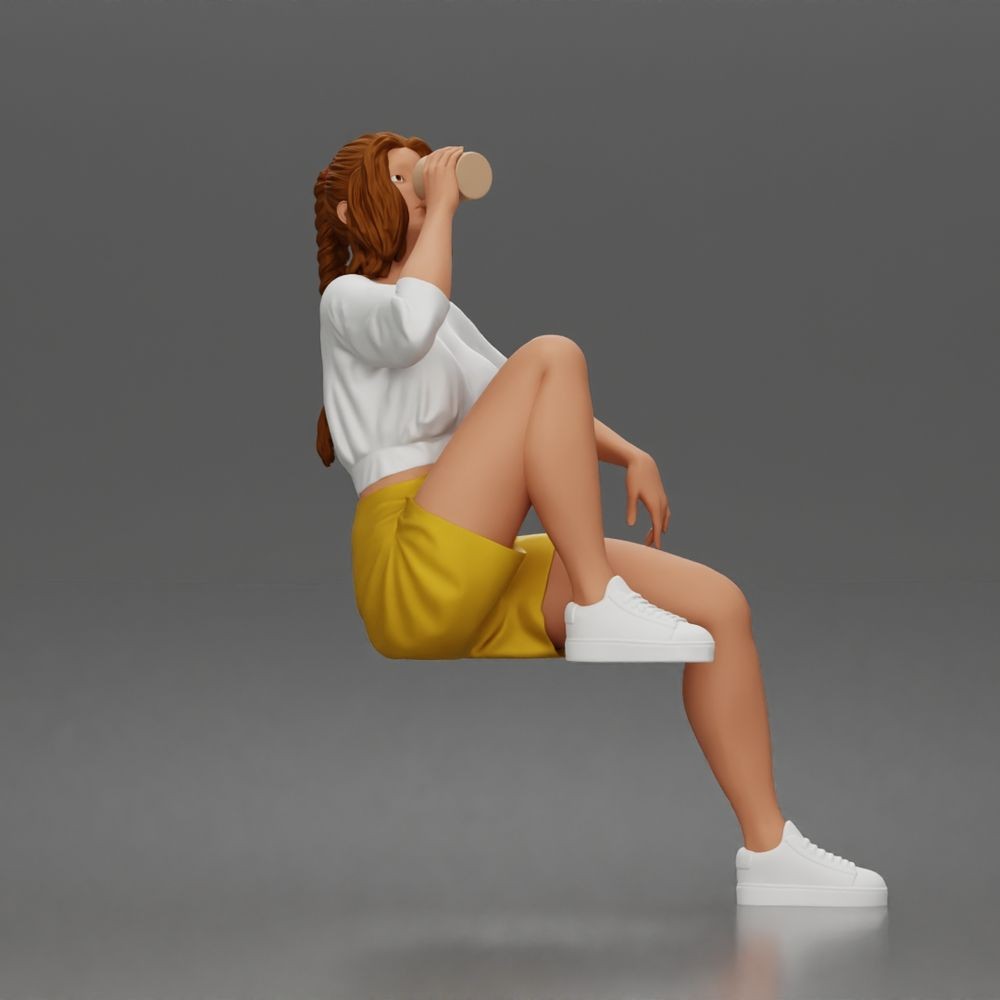 Diorama Modellbau Produktfoto 1: Sitzende Figur: Mann mit Becher, Freizeitkleidung & Turnschuhen (a211)