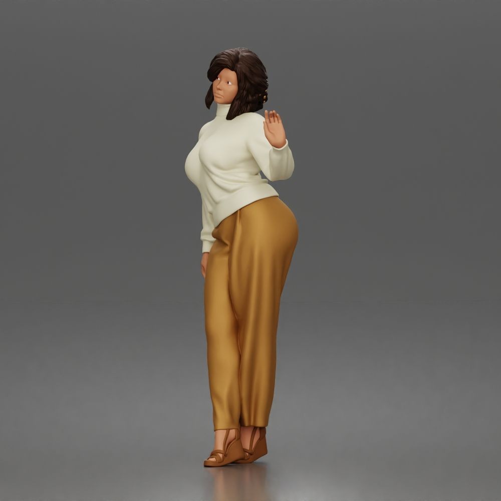 Diorama Modellbau Produktfoto 1: Stehende Figur: Frau mit Rollkragenpullover, weiter Hose & Plateauschuhen (a176)