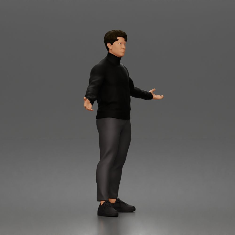Diorama Modellbau Produktfoto 1: Stehende Figur: Präsentierender Mann mit Rollkragenpullover und offenen Armen (a190)