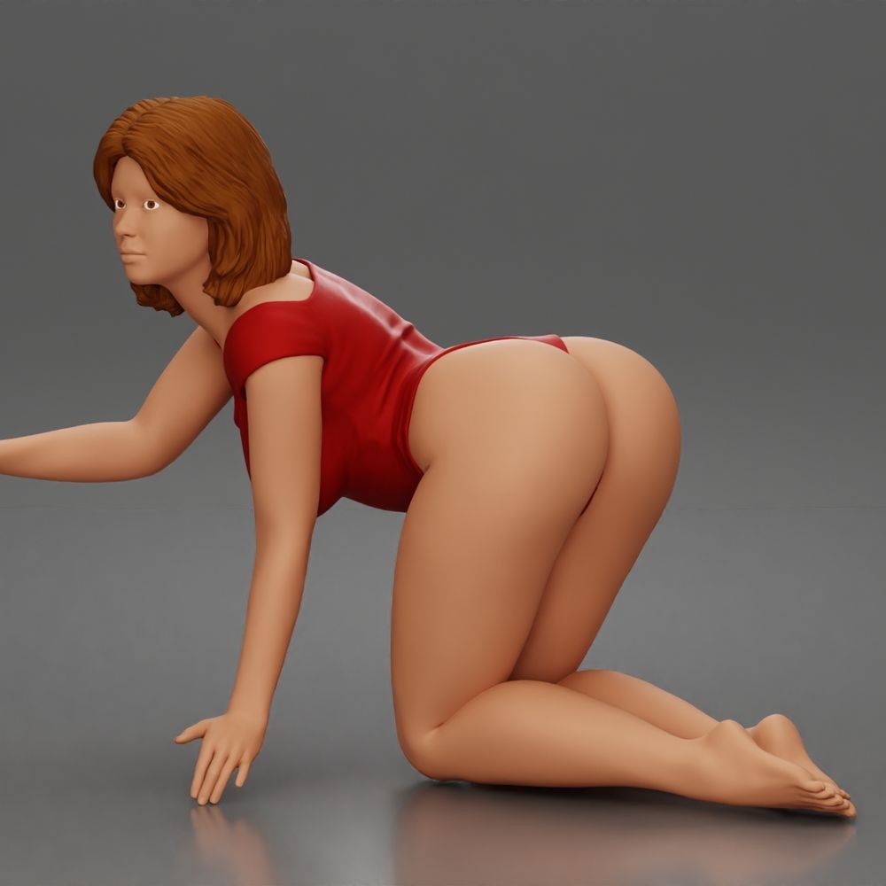 Foto de producto de maqueta para diorama 1: Figura arrodillada: mujer con bodysuit, torso inclinado hacia delante y mano en el suelo (a175)