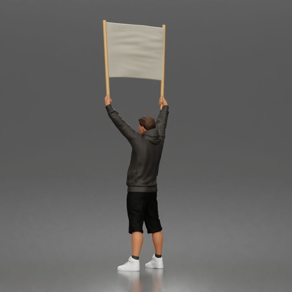 Foto de producto de maqueta para diorama 1: Figura de pie: manifestante con pancarta vacía, sudadera con capucha y pantalones cortos (a178)