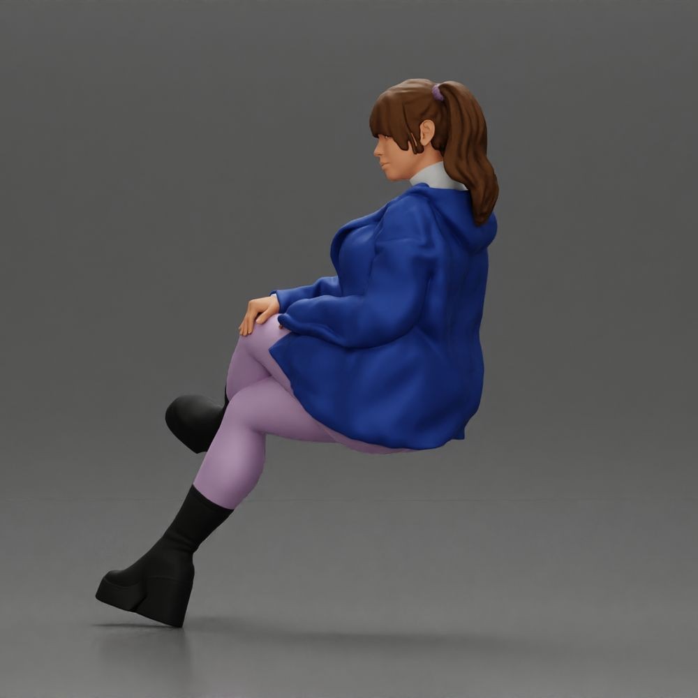 Foto de producto para maqueta de diorama 3: Figura sentada: mujer con las piernas cruzadas, coleta y chaqueta (a161)