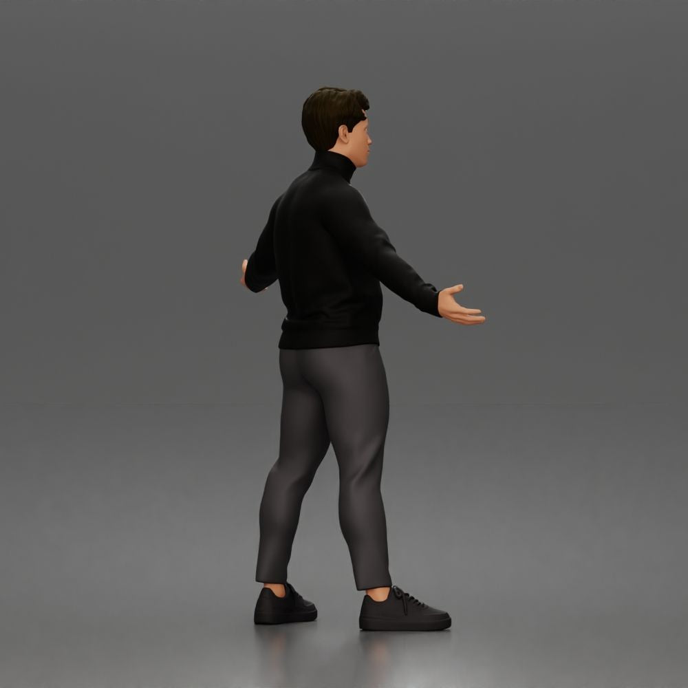 Diorama Modellbau Produktfoto 2: Stehende Figur: Präsentierender Mann mit Rollkragenpullover und offenen Armen (a190)