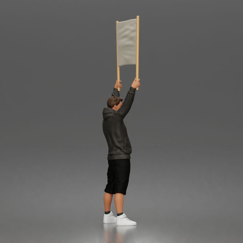 Foto de producto de modelismo para diorama 2: Figura de pie: manifestante con pancarta vacía, sudadera con capucha y pantalones cortos (a178)