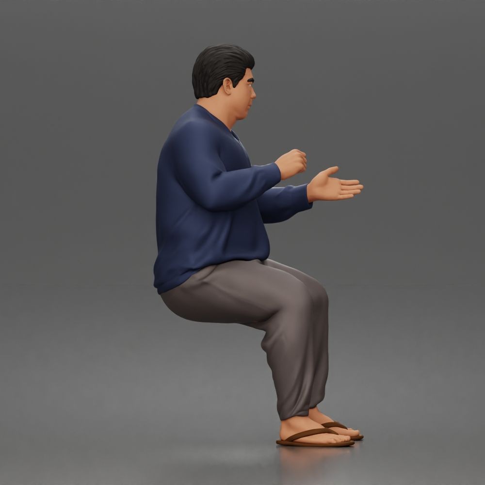 Diorama Modellbau Produktfoto 3: Sitzende Figur: Gestikulierender Mann mit Pullover, Hose & Flip-Flops (a165)