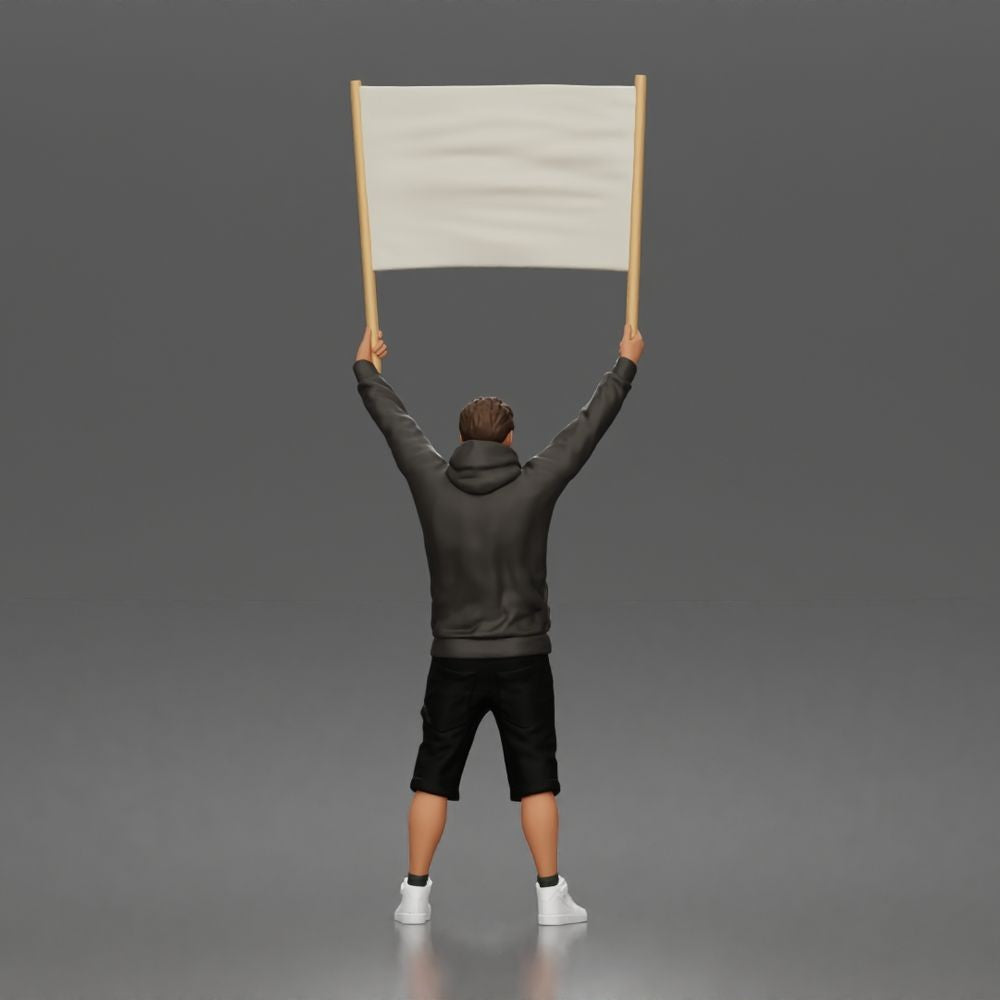 Foto de producto de maqueta para diorama 3: Figura de pie: manifestante con pancarta vacía, sudadera con capucha y pantalones cortos (a178)