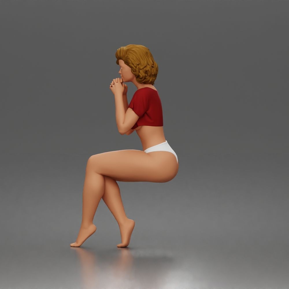Diorama Modellbau Produktfoto 4: Sitzende Figur: Frau im Crop-Top mit gefalteten Händen am Kinn (a195)