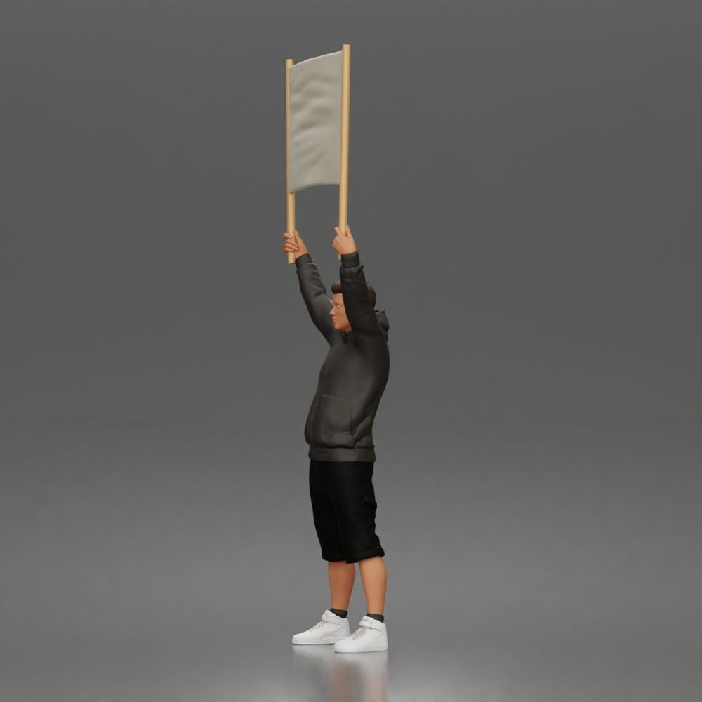Foto de producto de maqueta de diorama 4: Figura de pie: manifestante con pancarta vacía, sudadera con capucha y pantalones cortos (a178)