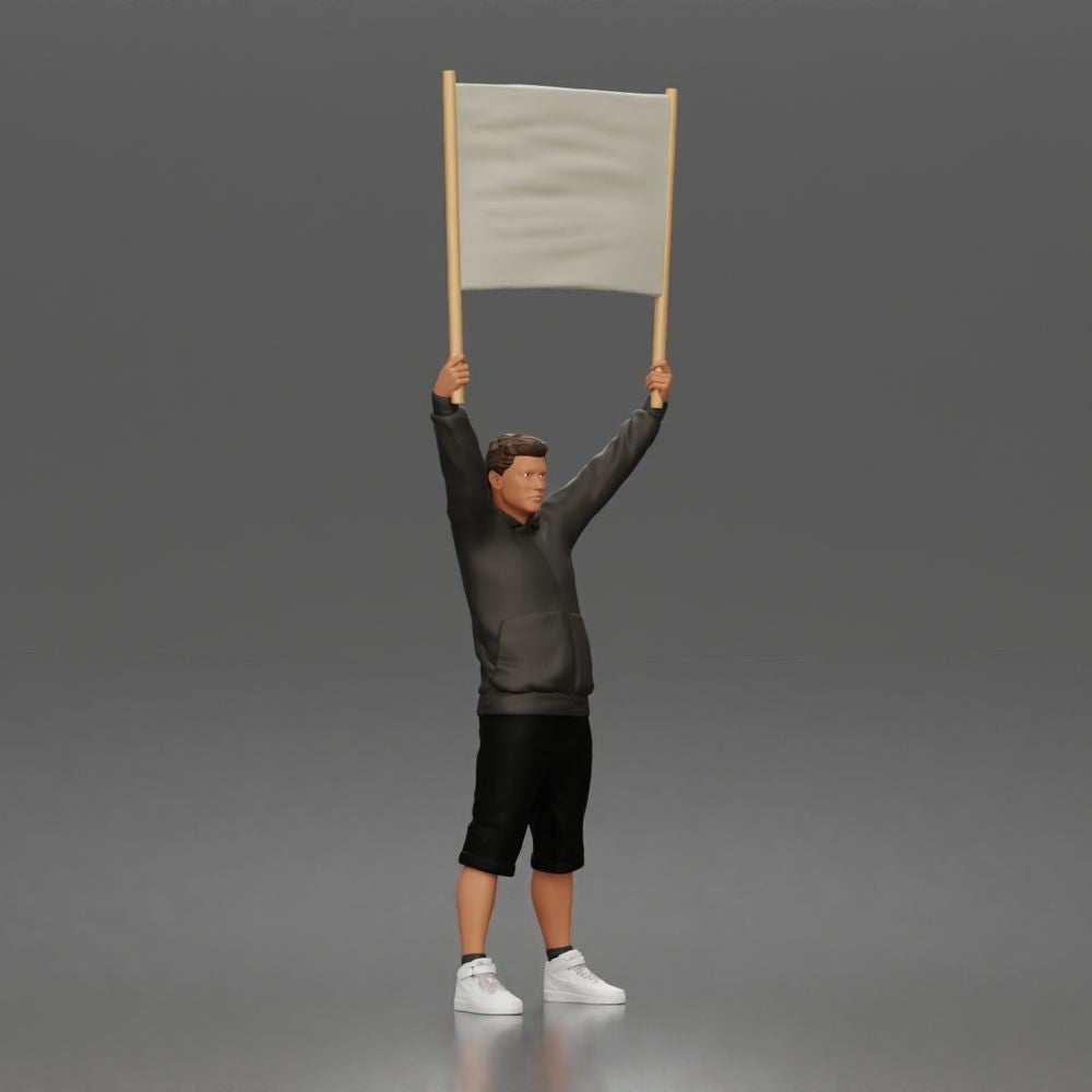 Foto de producto de modelismo para diorama 5: Figura de pie: manifestante con pancarta vacía, sudadera con capucha y pantalones cortos (a178)
