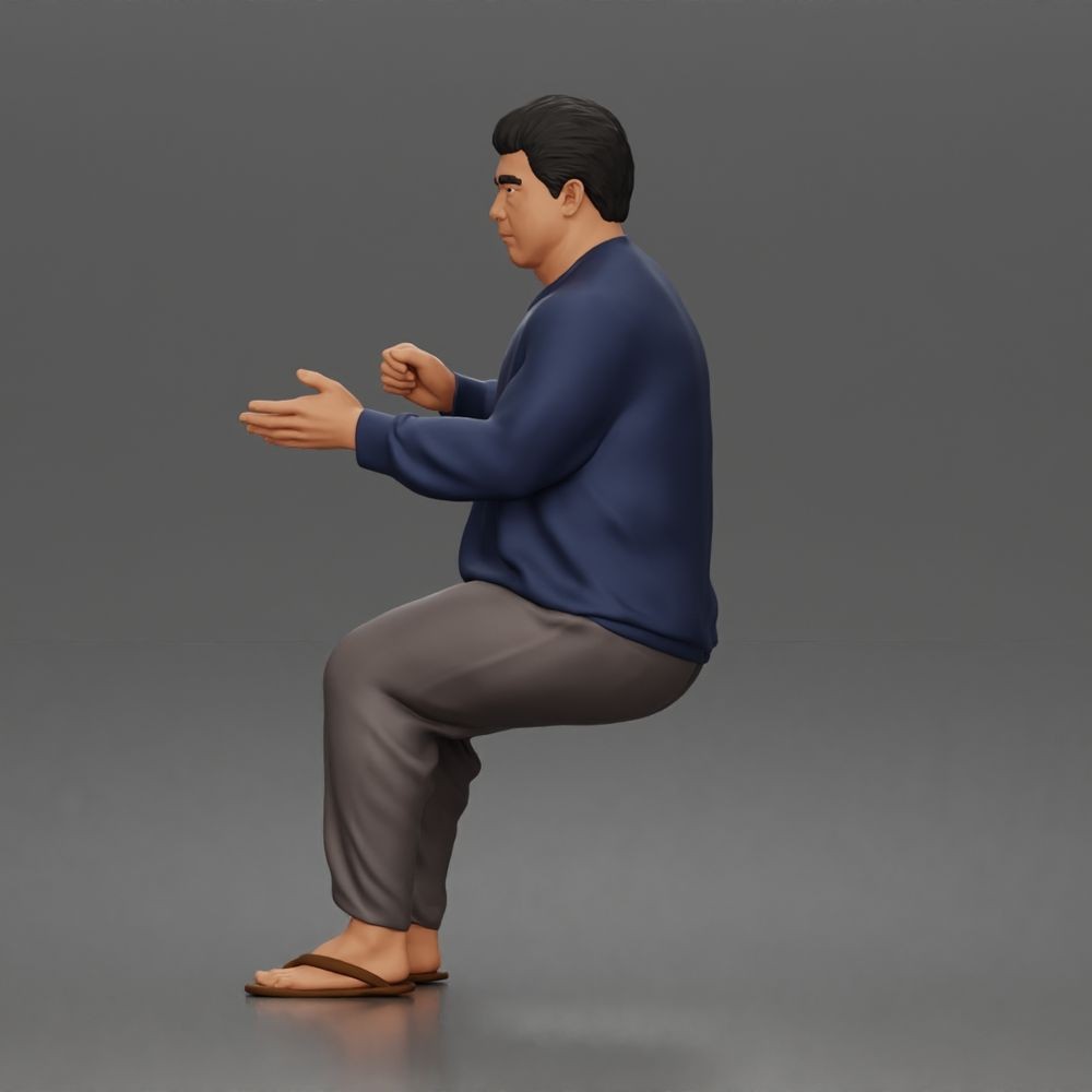 Diorama Modellbau Produktfoto 6: Sitzende Figur: Gestikulierender Mann mit Pullover, Hose & Flip-Flops (a165)