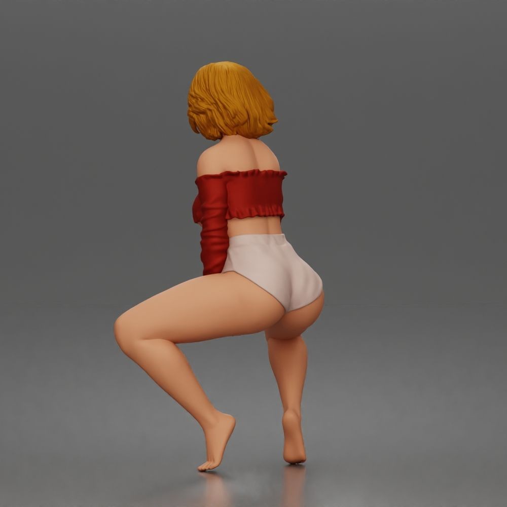 Diorama Modellbau Produktfoto 5: Hockende Figur: Tänzerin mit schulterfreiem Crop-Top & Shorts (a185)