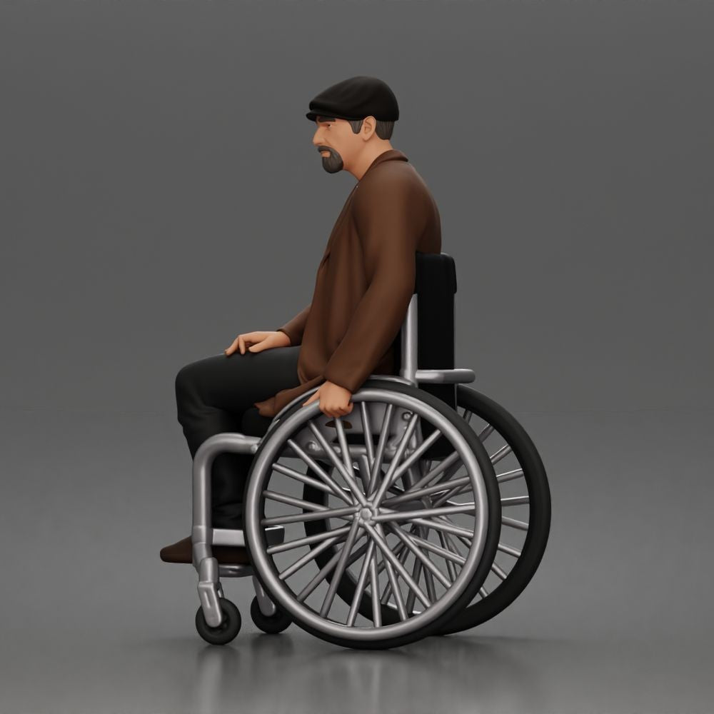 Diorama Modellbau Produktfoto 5: Sitzende Figur: Älterer Mann im Rollstuhl mit Mantel (a209)