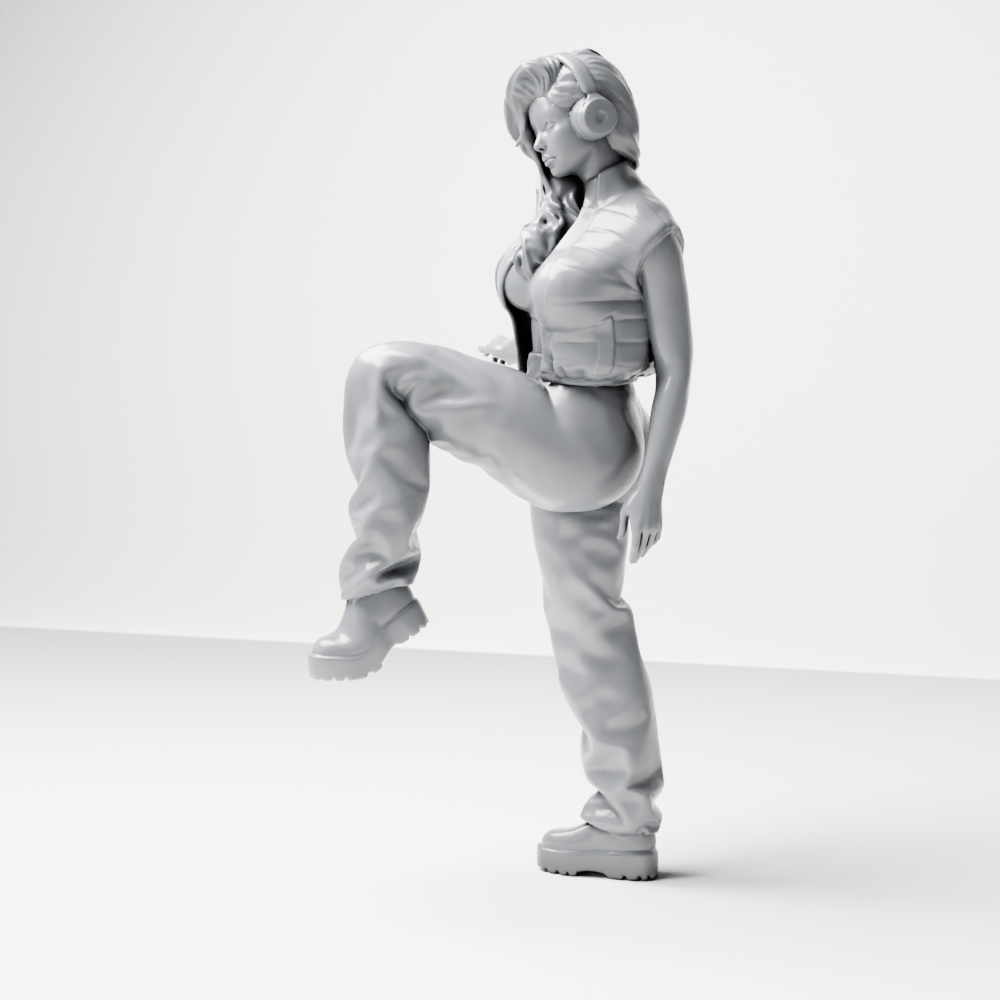 Foto de producto para maqueta de diorama 7: Figura de pie: mujer con auriculares y conjunto streetwear holgado, pierna levantada (a164)