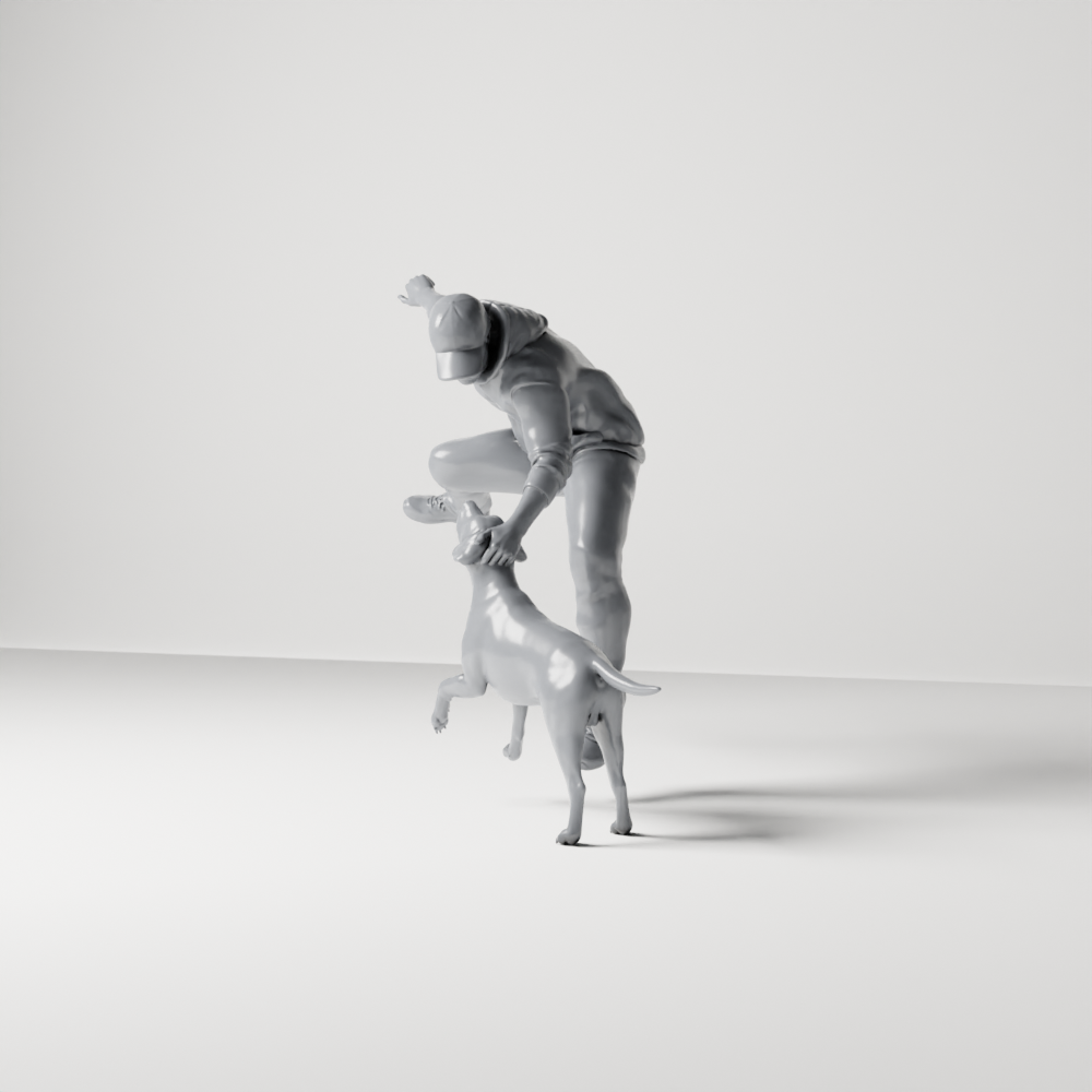 Diorama Modellbau Produktfoto 4: Diorama Figur: Springender Mann mit Kapuzenpullover rettet Hund (a200)