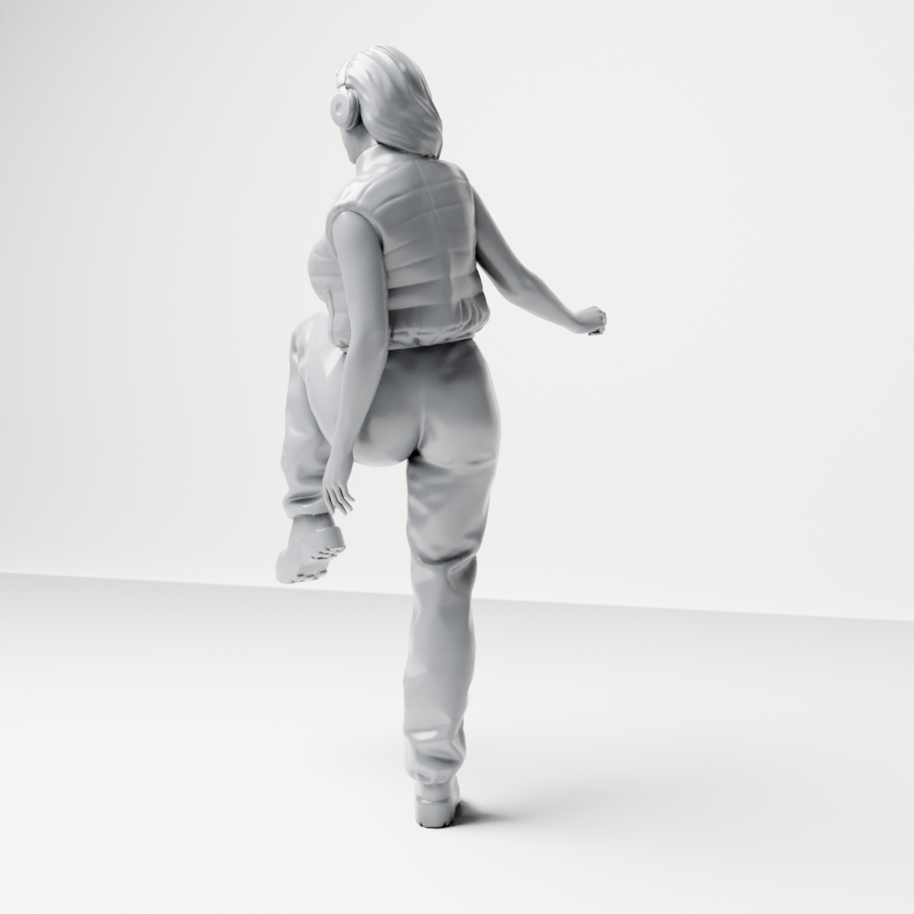 Foto de producto de maqueta de diorama 8: Figura de pie: mujer con auriculares y conjunto streetwear holgado, pierna levantada (a164)