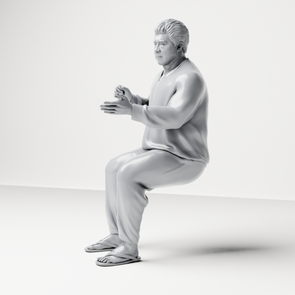 Diorama Modellbau Produktfoto 8: Sitzende Figur: Gestikulierender Mann mit Pullover, Hose & Flip-Flops (a165)