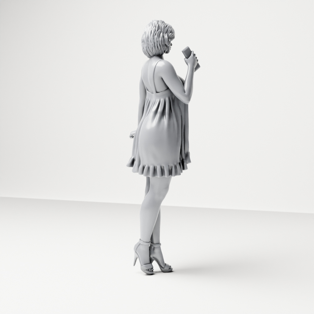Foto de producto para diorama y modelismo 8: Figura de pie: mujer con vestido corto, teléfono móvil y zapatos de tacón (a180)