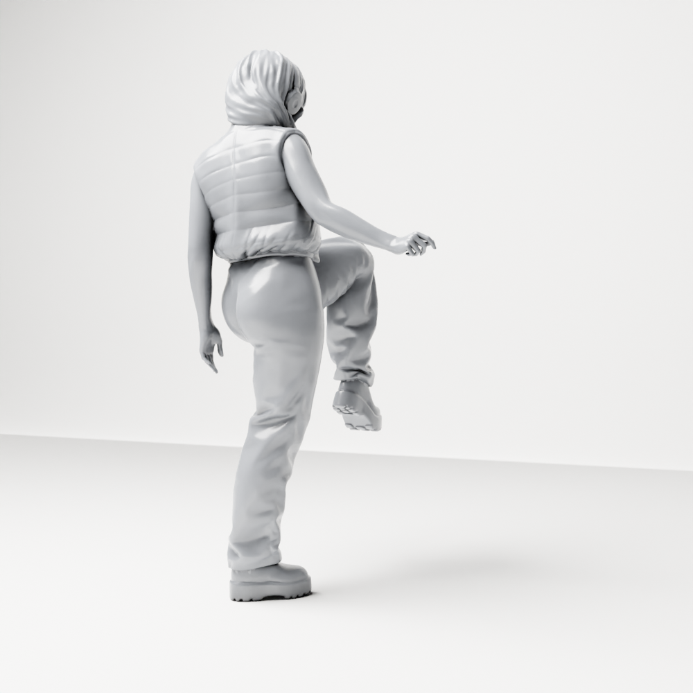 Foto de producto de maqueta para diorama 9: Figura de pie: mujer con auriculares y atuendo streetwear holgado, pierna levantada (a164)