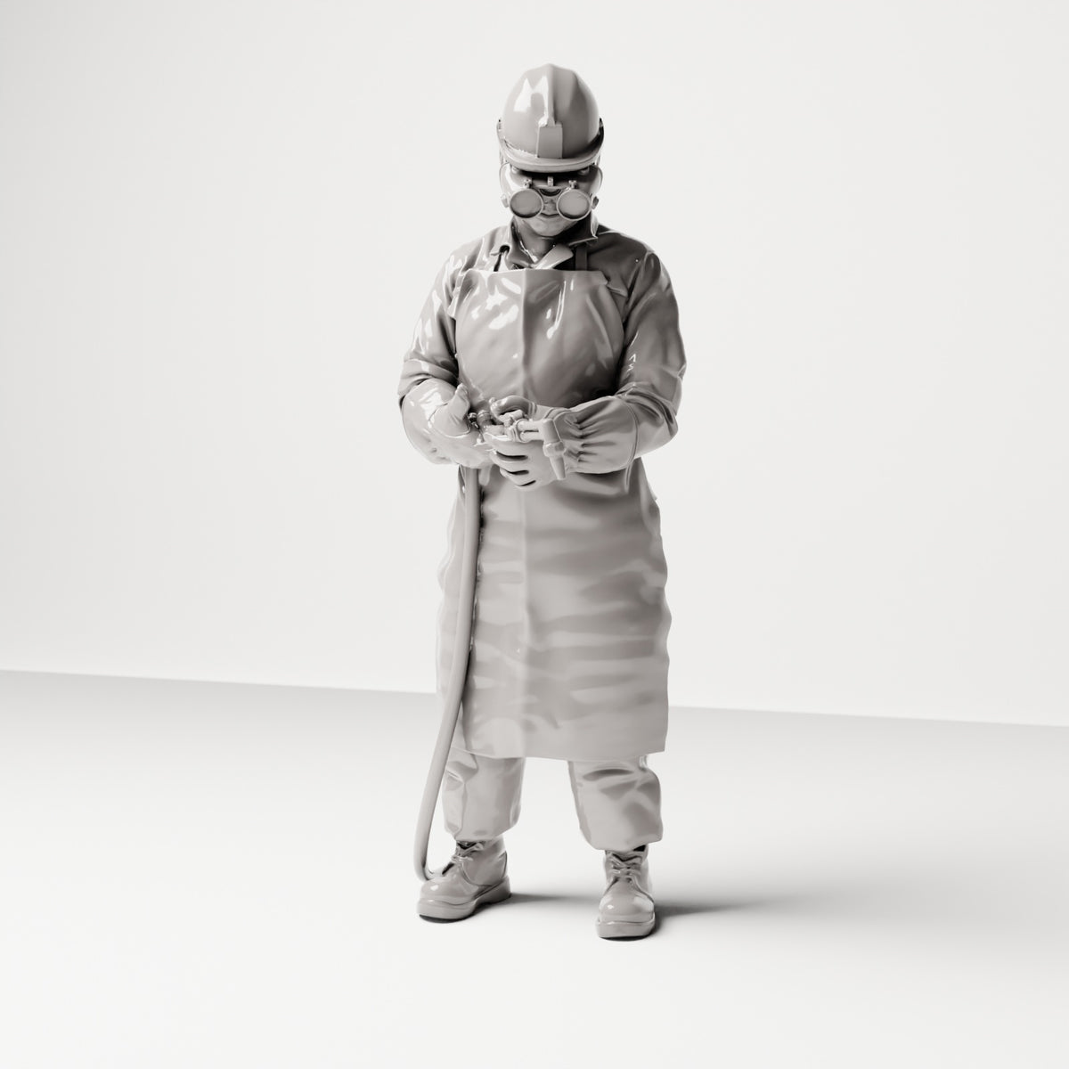Stehende Figur: Schweißer mit MIG-Schweißbrenner & Schutzkleidung (Ref. Nr. 481) - Studioansicht 1 mit Schweißgerät und Schlauch