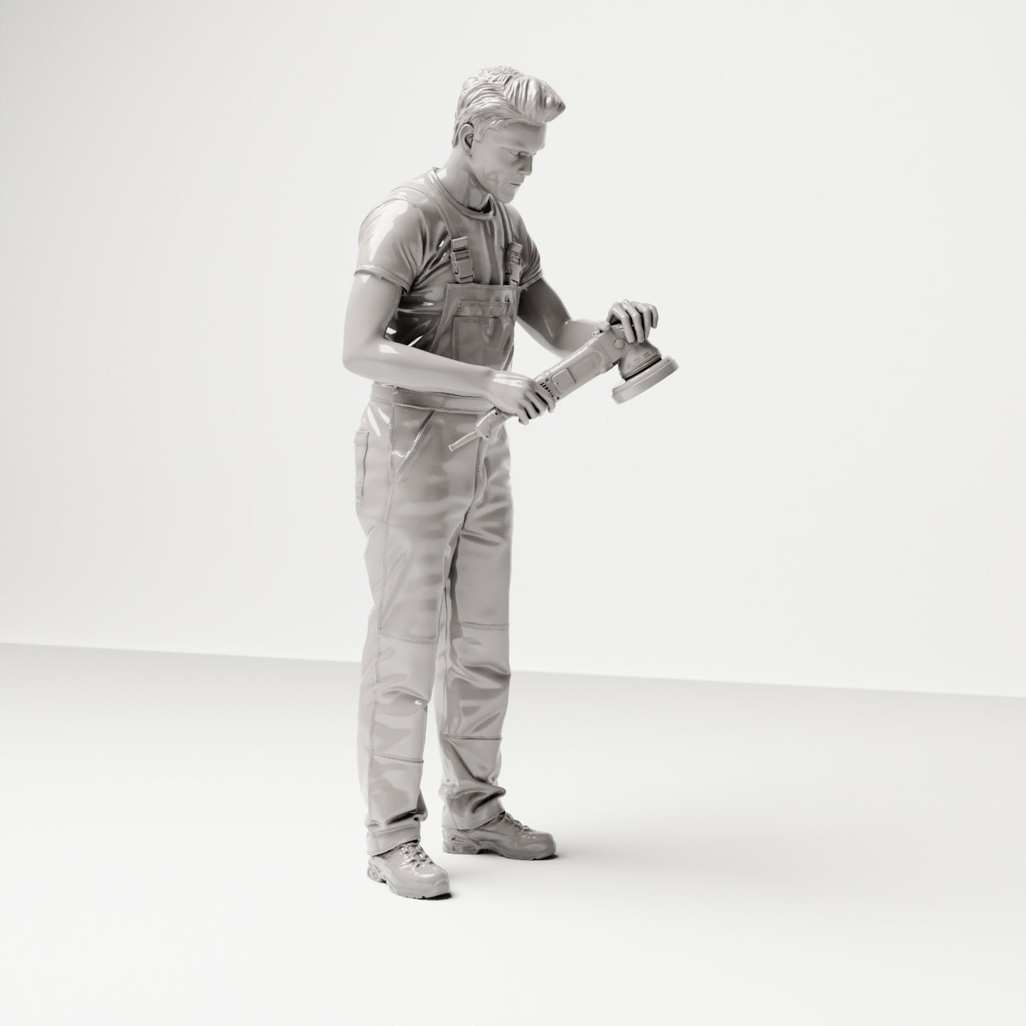 Stehende Figur: Karosseriemechaniker in Latzhose mit Poliergerät (Ref. Nr. 482) - vollständige Studioansicht 1