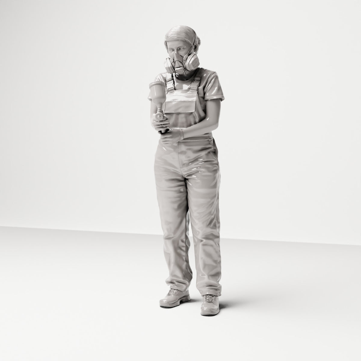Stehende Figur: Mann in Latzhose mit Atemschutzmaske & Handgerät (Ref. Nr. 490) - vollständige Studioansicht 2
