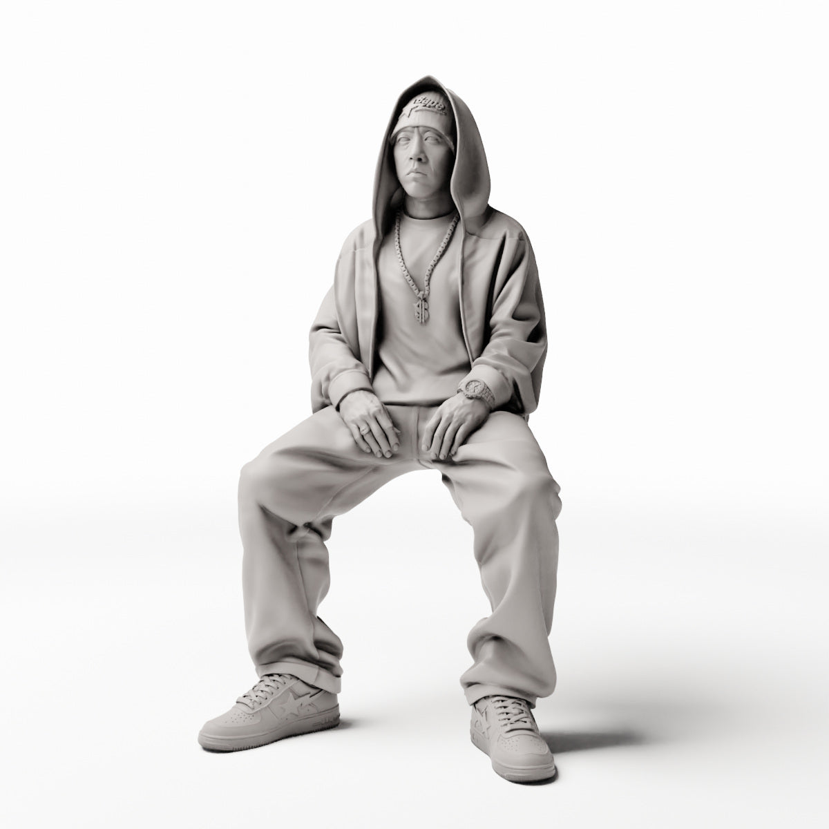 Diorama Modellbau Produktfoto 0: Sitzende Figur: Mann in Hip-Hop Kleidung mit Kapuzenjacke, Mütze und weiter Hose (Ref. Nr. 531)