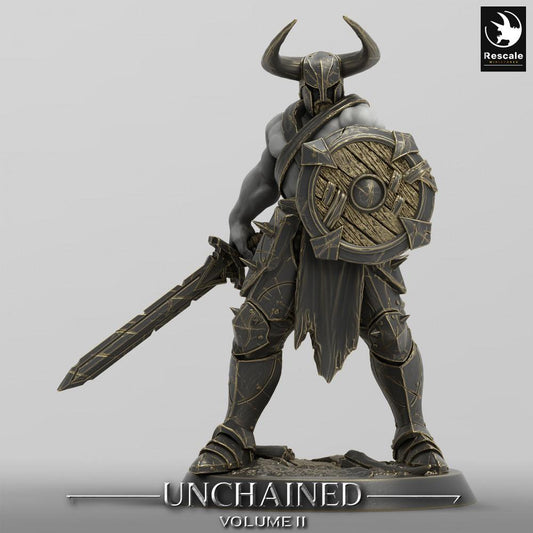 Produktfoto Tabletop 28mm Lord of the Print (LotP) 0: Fantasy Figur: Gehörnter Krieger mit Rundschild und Schwert, Dunkler Ritter Dark Knight, Schildkämpfer (24_05_C13)