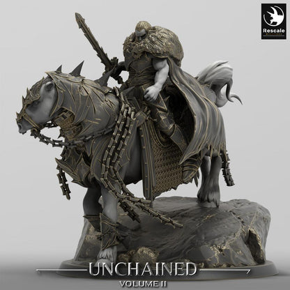 Foto del producto Tabletop 28mm Lord of the Print (LotP) 0: Miniatura de Tabletop: Caballero Oscuro / Death Knight en caballo de guerra acorazado - Figura de jinete con espada de dos manos y arma de cadena, líder de la caballería oscura (24_05_M)