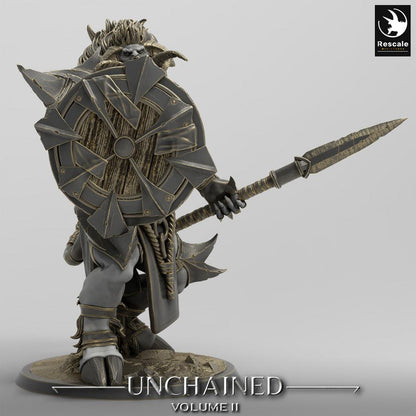 Foto del producto Tabletop 28mm Lord of the Print (LotP) 0: Figura de fantasía: Guardián Minotauro, portador de lanza con escudo redondo, guerrero bestia - Guardián Minotauro (24_05_G2)