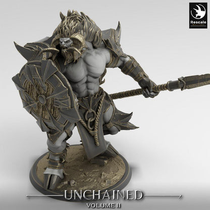 Foto del producto Tabletop 28mm Lord of the Print (LotP) 0: Figura de fantasía: Guardián Minotauro, portador de lanza con escudo redondo, guerrero bestia - Guardián Minotauro (24_05_G2)