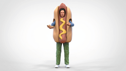 Foto del producto Diorama y modelismo figura en miniatura: vendedor de hot dogs con disfraz de hot dog